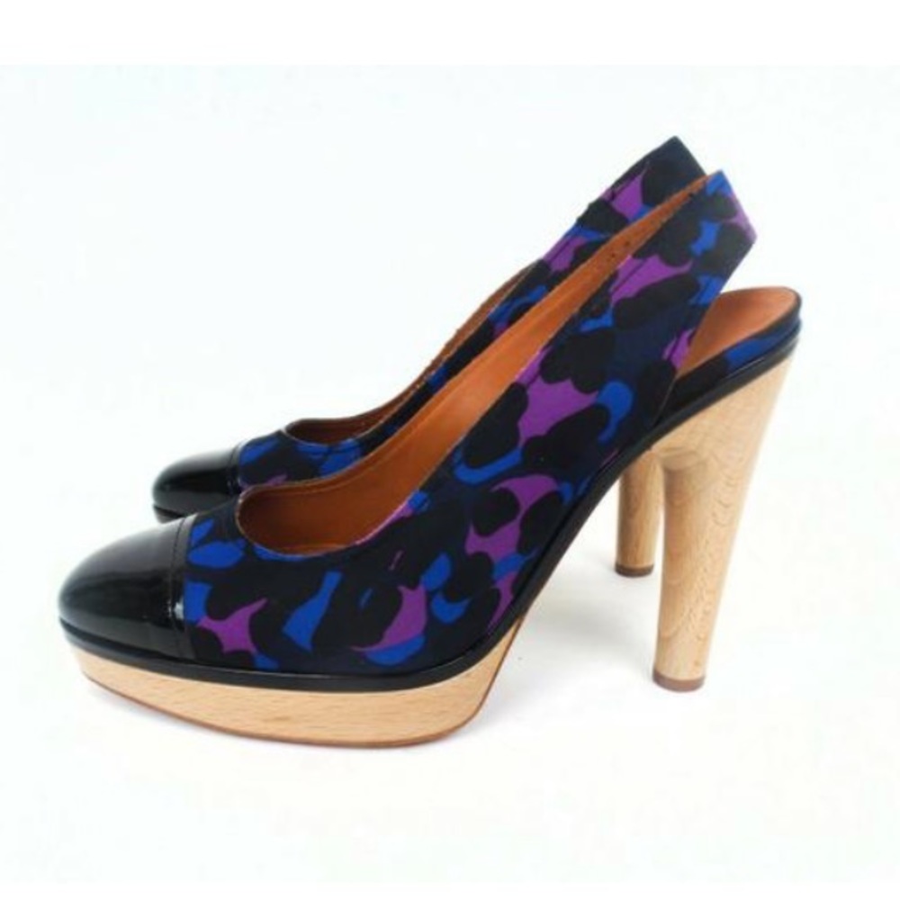 Lanvin Printed Satin Slingback Wood Platform